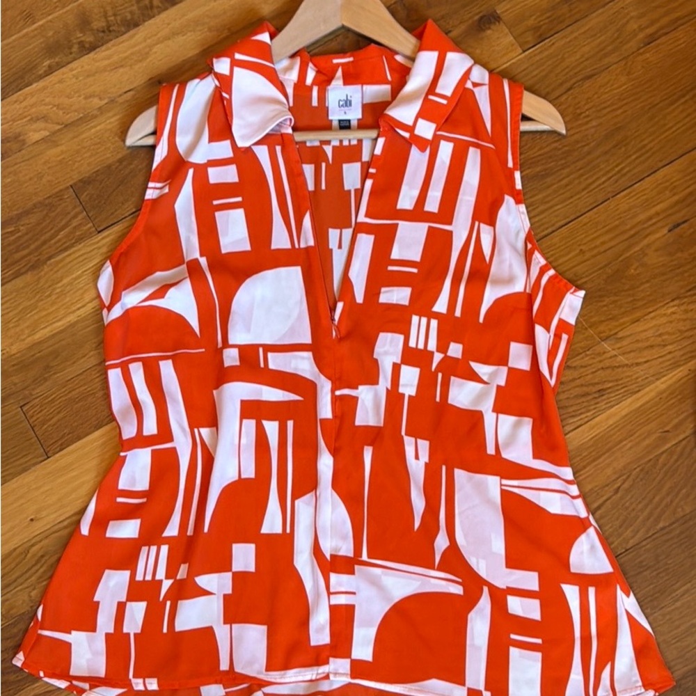 Cabi orange and white geometric half-zip sleeveless blouse - worn once!